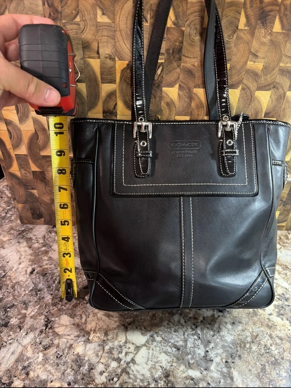 Coach Black Leather Tote with White Contrast Stitching